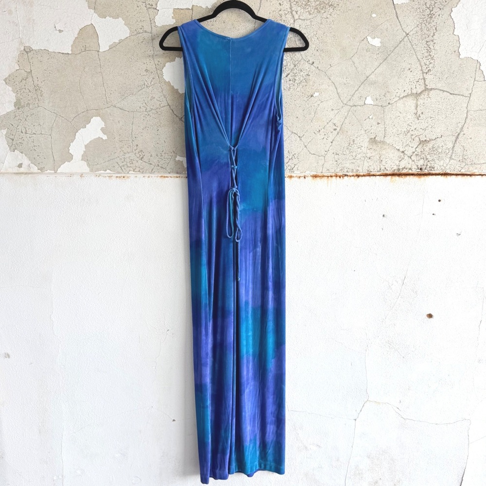 Vtg Maxi Dress Lace Up Back Tie Dye‎ Sleeveless 90s Grunge Boho Beach Citi Dress